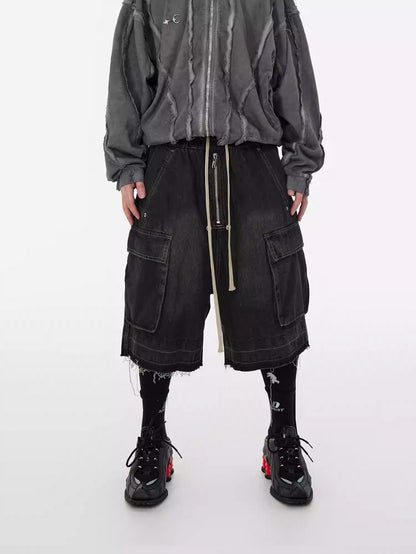 Washed Gradient Drawstring Multi-Pocket Denim Cargo Shorts
 [ID:0554PA]