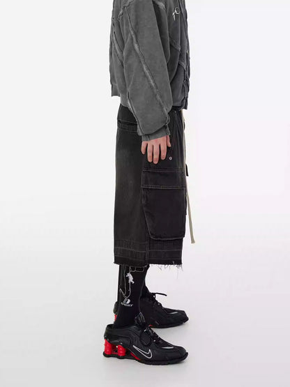 Washed Gradient Drawstring Multi-Pocket Denim Cargo Shorts
 [ID:0554PA]