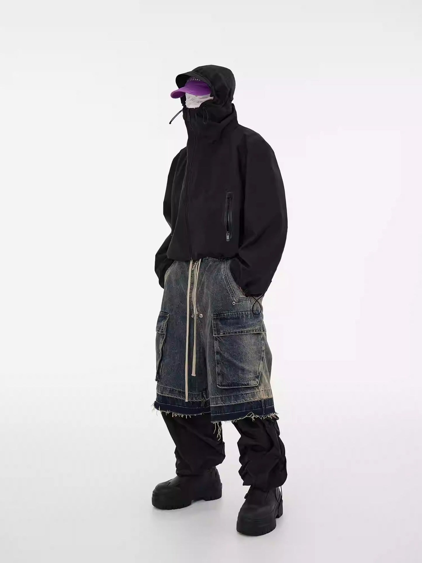 Washed Gradient Drawstring Multi-Pocket Denim Cargo Shorts
 [ID:0554PA]