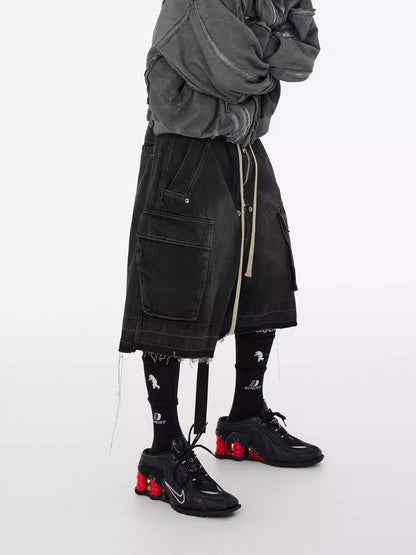 Washed Gradient Drawstring Multi-Pocket Denim Cargo Shorts
 [ID:0554PA]