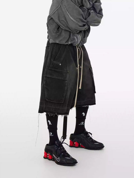 Washed Gradient Drawstring Multi-Pocket Denim Cargo Shorts [ID:0554PA]