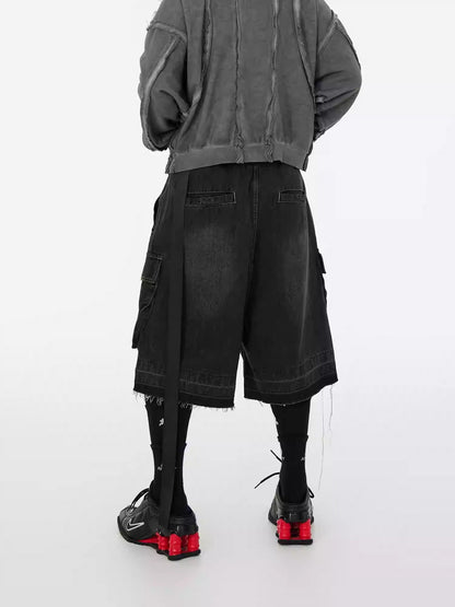 Washed Gradient Drawstring Multi-Pocket Denim Cargo Shorts
 [ID:0554PA]