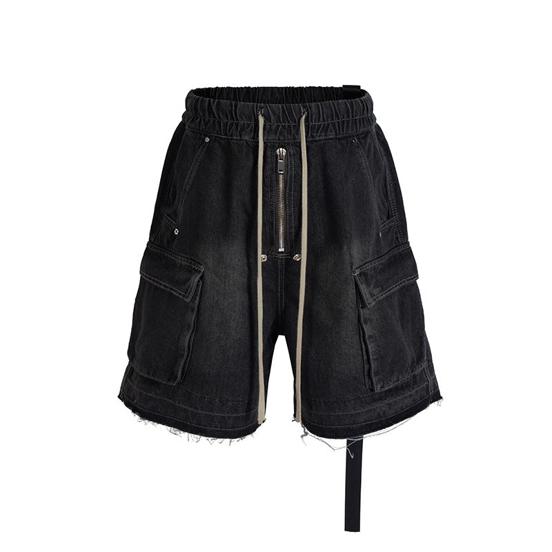 Washed Gradient Drawstring Multi-Pocket Denim Cargo Shorts
 [ID:0554PA]