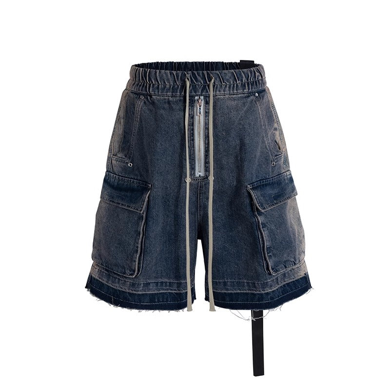 Washed Gradient Drawstring Multi-Pocket Denim Cargo Shorts
 [ID:0554PA]