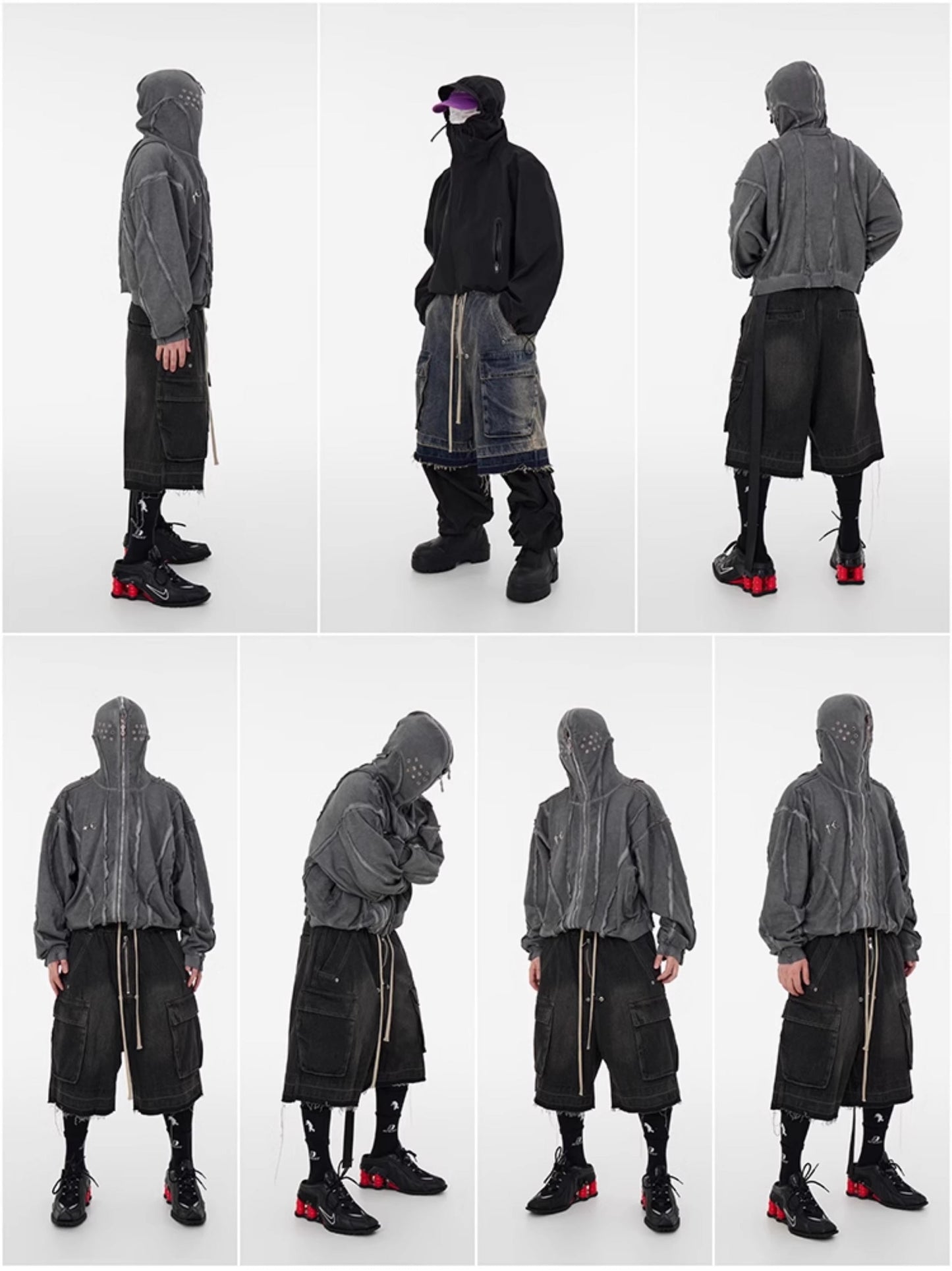 Washed Gradient Drawstring Multi-Pocket Denim Cargo Shorts
 [ID:0554PA]