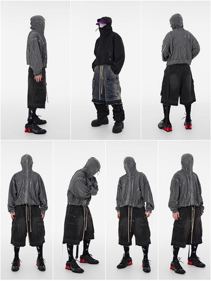 Washed Gradient Drawstring Multi-Pocket Denim Cargo Shorts
 [ID:0554PA]