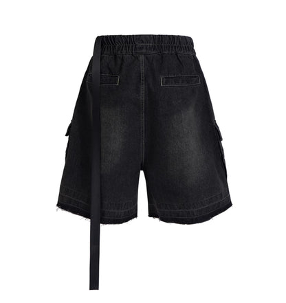 Washed Gradient Drawstring Multi-Pocket Denim Cargo Shorts
 [ID:0554PA]