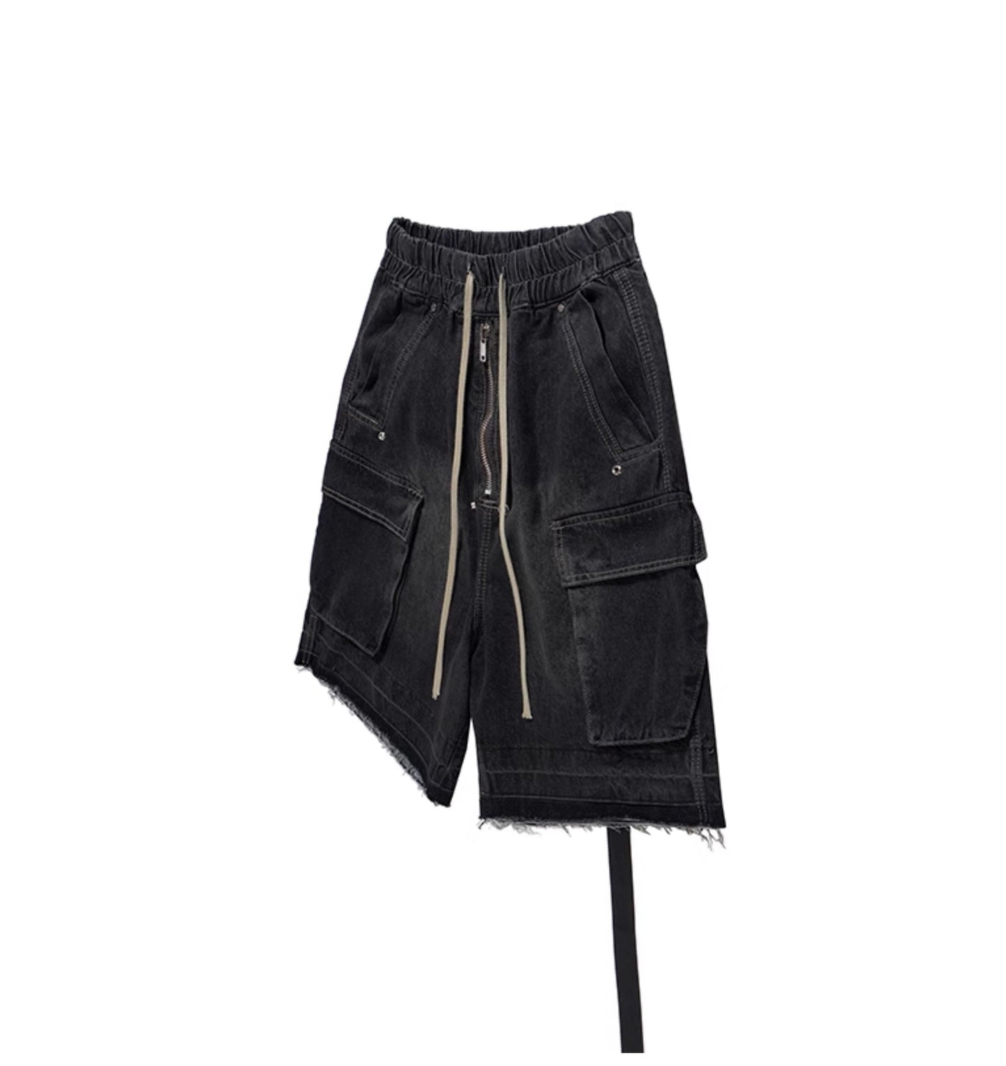 Washed Gradient Drawstring Multi-Pocket Denim Cargo Shorts
 [ID:0554PA]