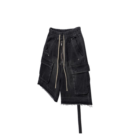 Washed Gradient Drawstring Multi-Pocket Denim Cargo Shorts
 [ID:0554PA]