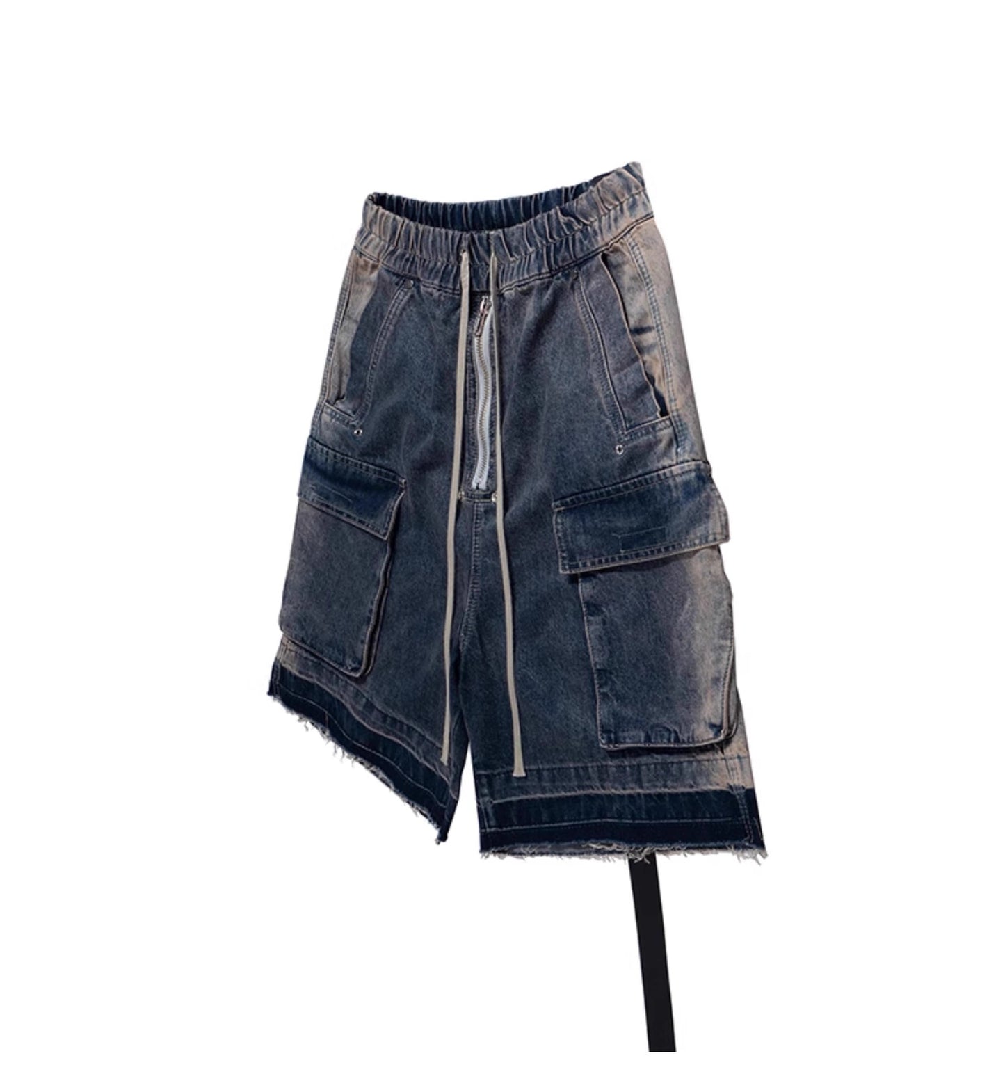 Washed Gradient Drawstring Multi-Pocket Denim Cargo Shorts
 [ID:0554PA]