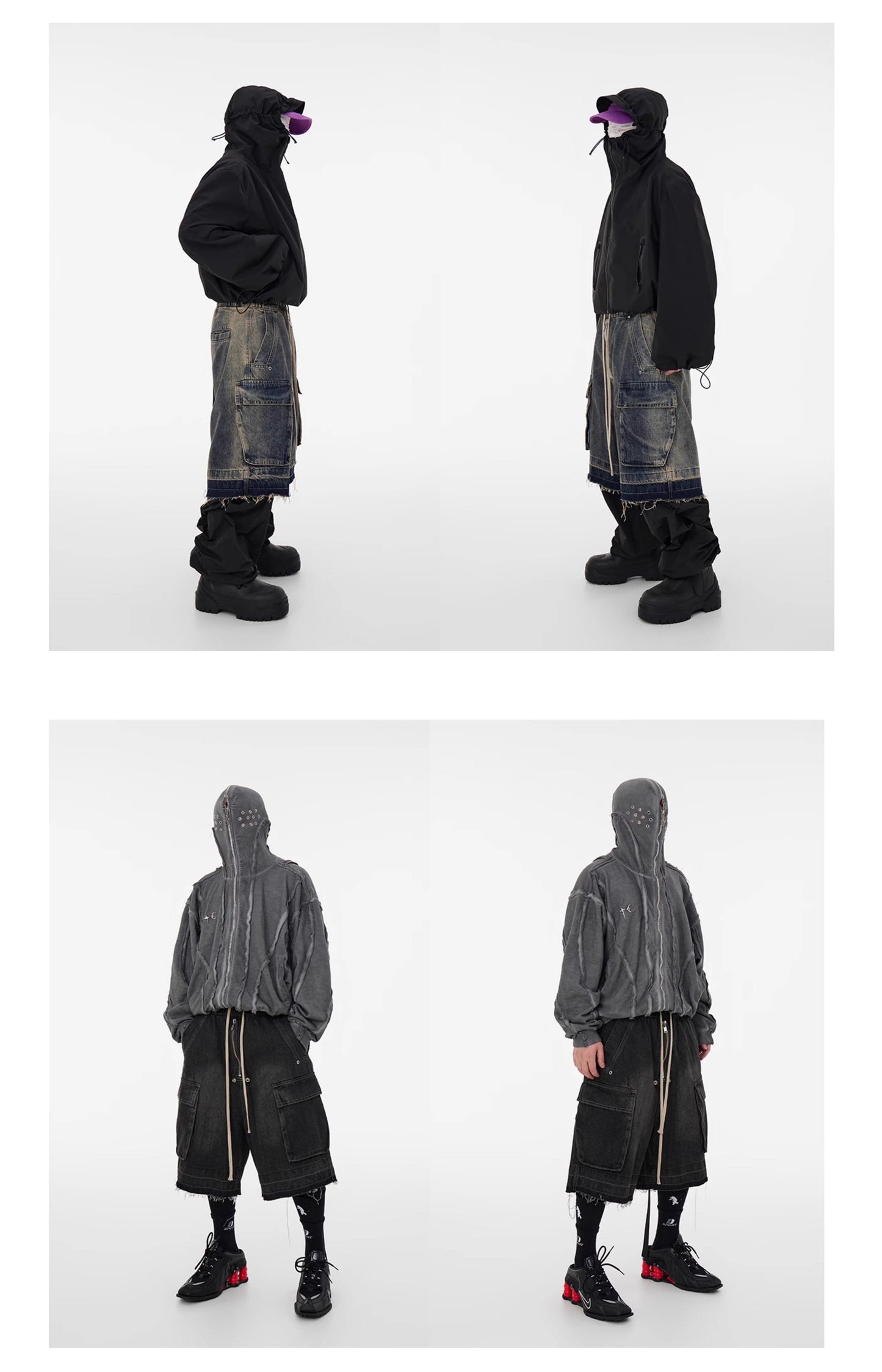 Washed Gradient Drawstring Multi-Pocket Denim Cargo Shorts
 [ID:0554PA]