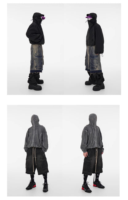Washed Gradient Drawstring Multi-Pocket Denim Cargo Shorts
 [ID:0554PA]