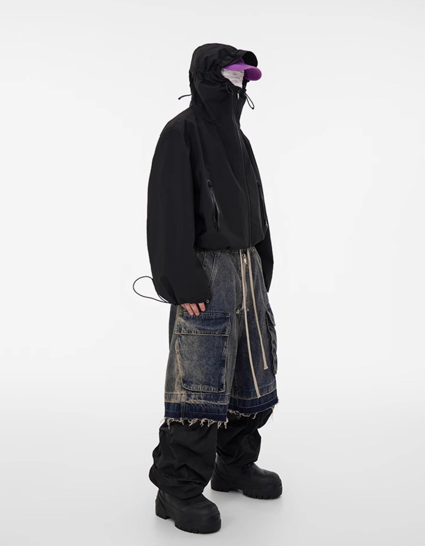 Washed Gradient Drawstring Multi-Pocket Denim Cargo Shorts
 [ID:0554PA]