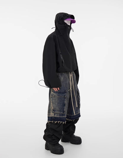 Washed Gradient Drawstring Multi-Pocket Denim Cargo Shorts
 [ID:0554PA]
