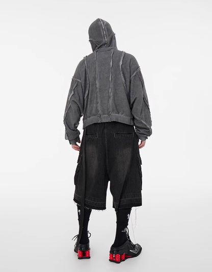 Washed Gradient Drawstring Multi-Pocket Denim Cargo Shorts
 [ID:0554PA]