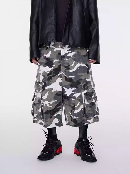 Washed White Camo Multi-Pocket Distressed Cargo Shorts
 [ID:0555PA]