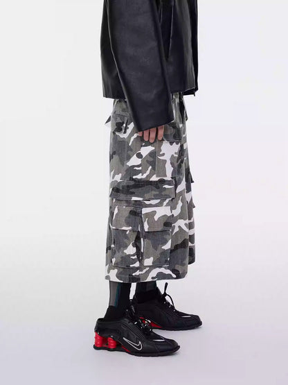 Washed White Camo Multi-Pocket Distressed Cargo Shorts
 [ID:0555PA]