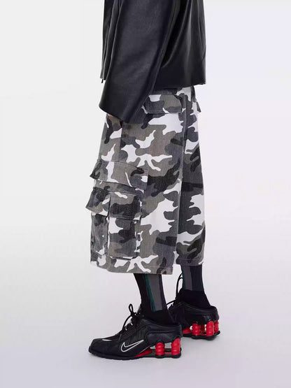 Washed White Camo Multi-Pocket Distressed Cargo Shorts
 [ID:0555PA]