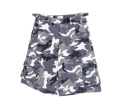 Washed White Camo Multi-Pocket Distressed Cargo Shorts
 [ID:0555PA]