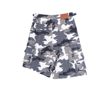 Washed White Camo Multi-Pocket Distressed Cargo Shorts
 [ID:0555PA]