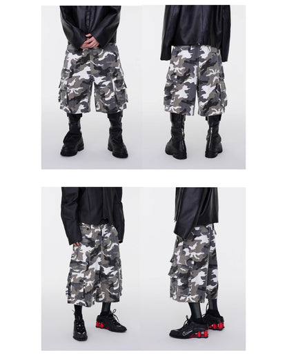 Washed White Camo Multi-Pocket Distressed Cargo Shorts
 [ID:0555PA]