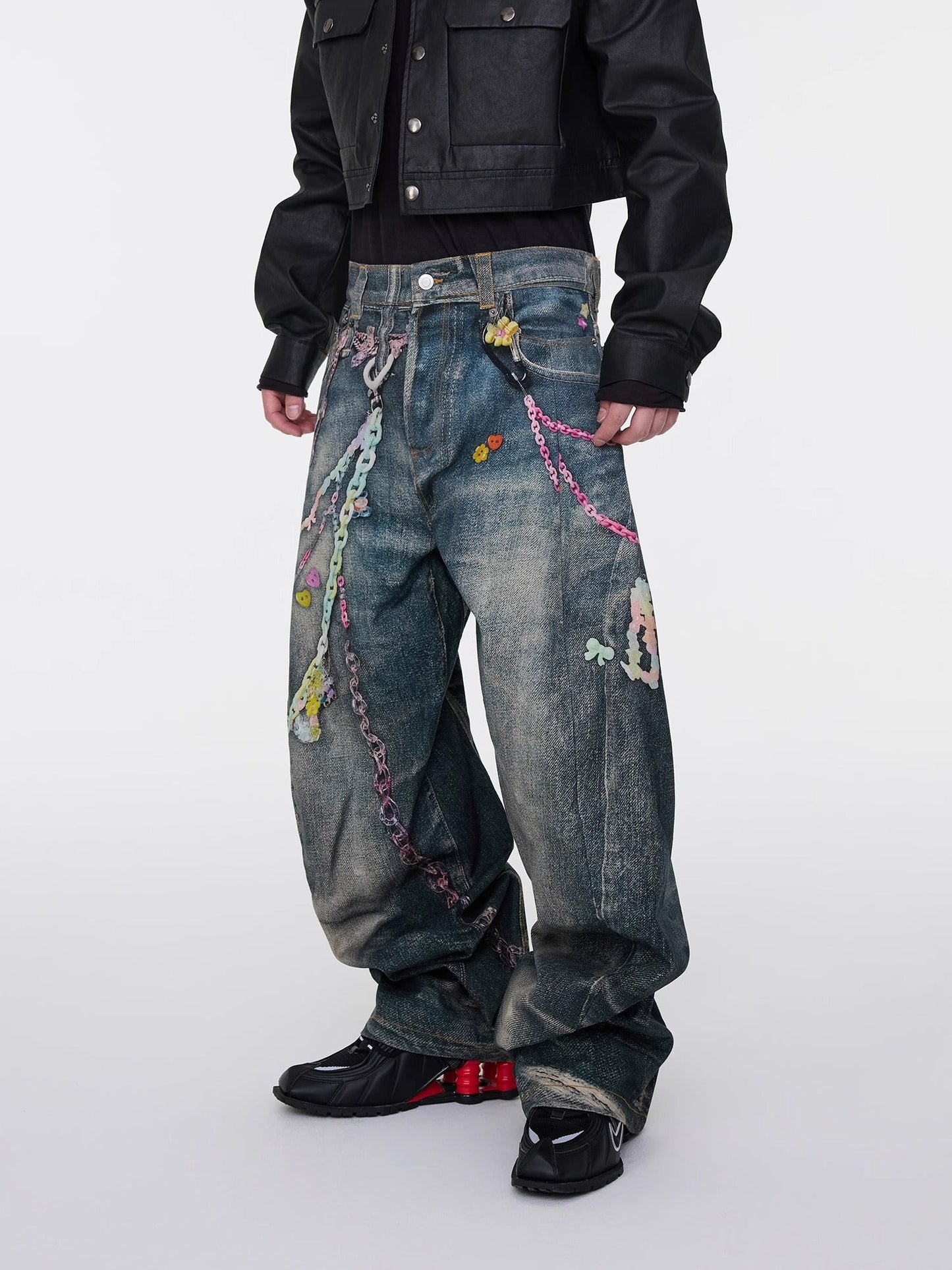 Digital Print Candy Chain Loose Blade-Cut O-Shape Denim Pants
 [ID:0556PA]