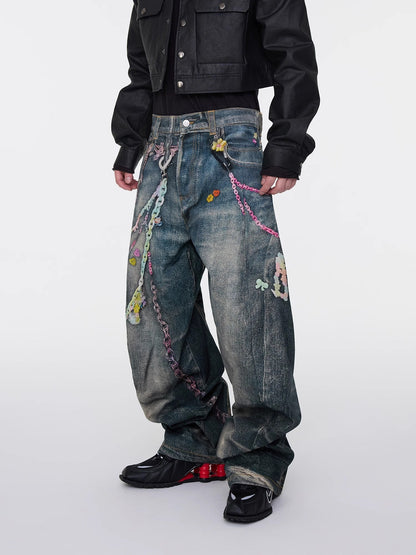 Digital Print Candy Chain Loose Blade-Cut O-Shape Denim Pants
 [ID:0556PA]