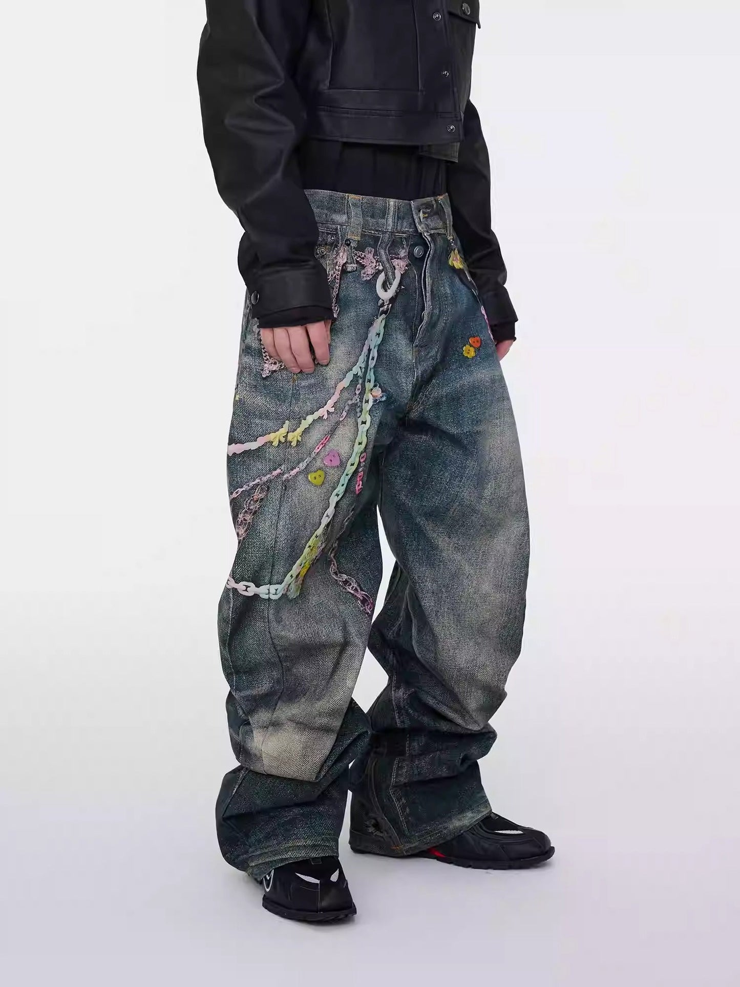 Digital Print Candy Chain Loose Blade-Cut O-Shape Denim Pants
 [ID:0556PA]