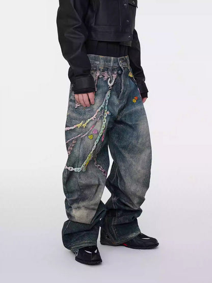 Digital Print Candy Chain Loose Blade-Cut O-Shape Denim Pants
 [ID:0556PA]