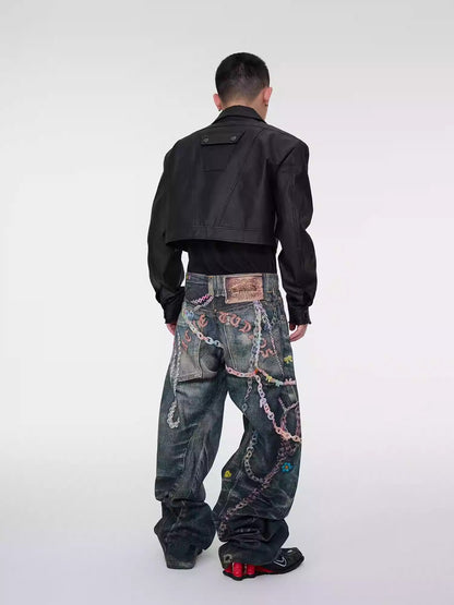 Digital Print Candy Chain Loose Blade-Cut O-Shape Denim Pants
 [ID:0556PA]