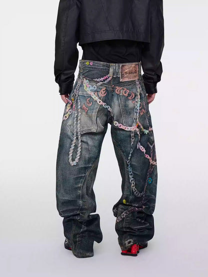 Digital Print Candy Chain Loose Blade-Cut O-Shape Denim Pants
 [ID:0556PA]