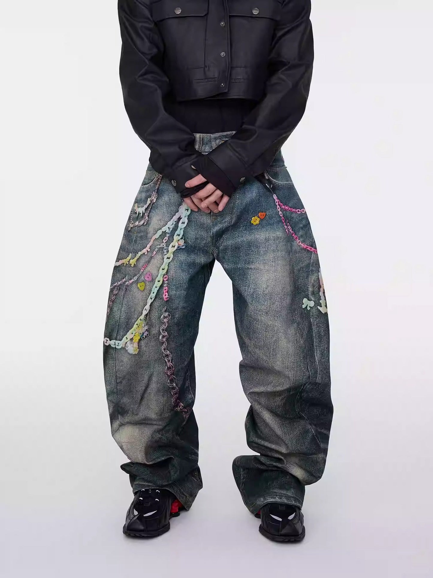 Digital Print Candy Chain Loose Blade-Cut O-Shape Denim Pants
 [ID:0556PA]