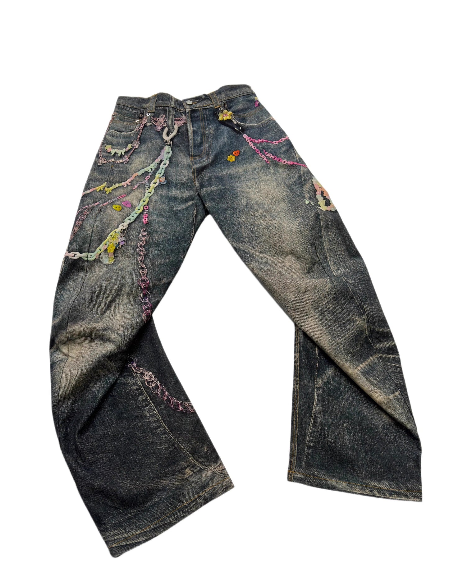 Digital Print Candy Chain Loose Blade-Cut O-Shape Denim Pants
 [ID:0556PA]