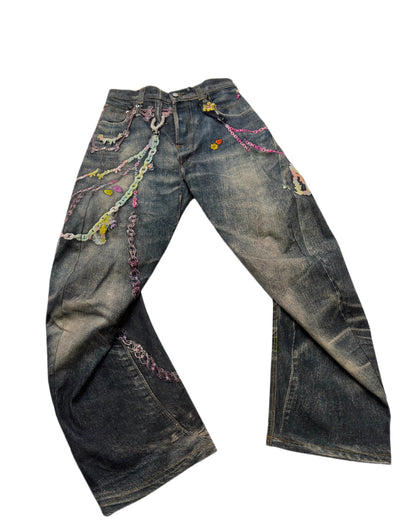 Digital Print Candy Chain Loose Blade-Cut O-Shape Denim Pants
 [ID:0556PA]
