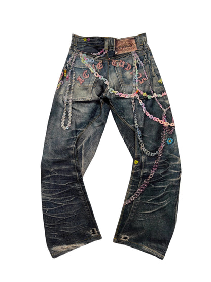 Digital Print Candy Chain Loose Blade-Cut O-Shape Denim Pants
 [ID:0556PA]