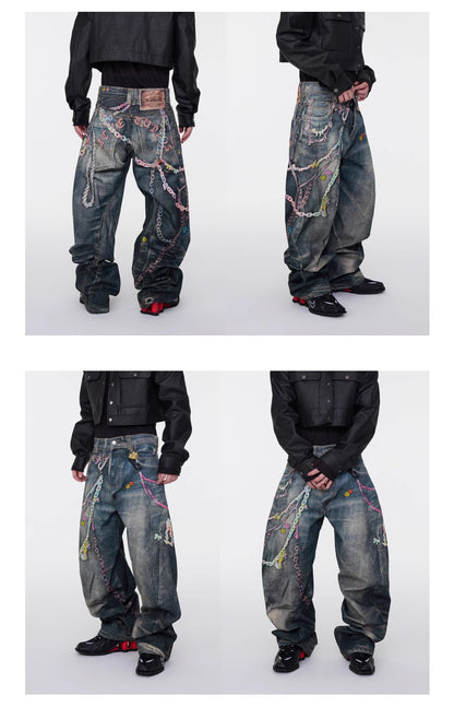 Digital Print Candy Chain Loose Blade-Cut O-Shape Denim Pants
 [ID:0556PA]