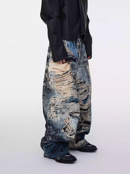 3D Illusion Full-Print Oversized Loose Fit Denim Pants [ID:0557PA]