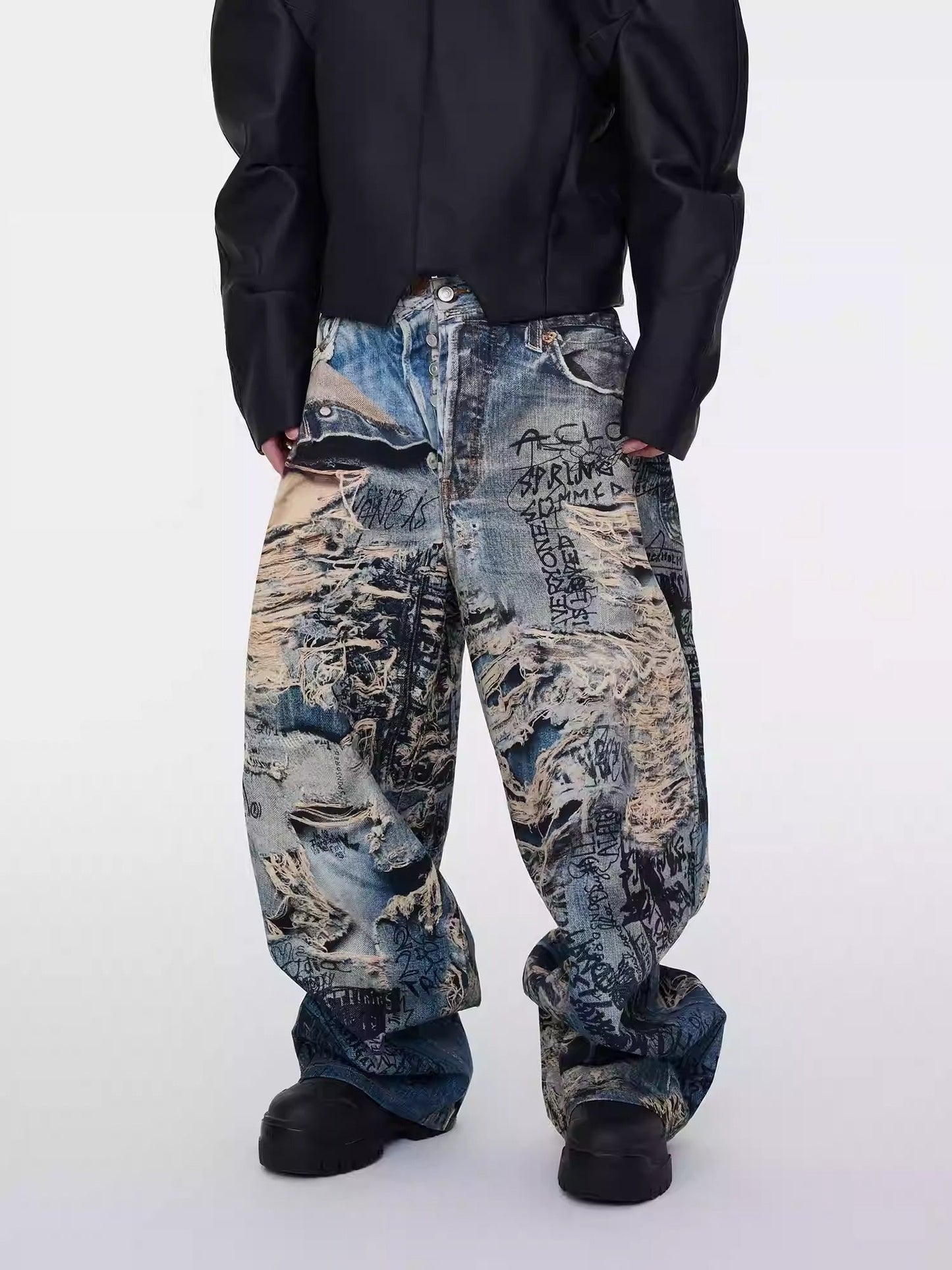 3D Illusion Full-Print Oversized Loose Fit Denim Pants [ID:0557PA]