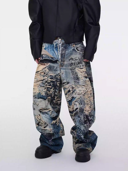 3D Illusion Full-Print Oversized Loose Fit Denim Pants [ID:0557PA]