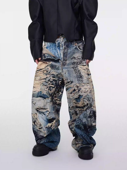 3D Illusion Full-Print Oversized Loose Fit Denim Pants [ID:0557PA]