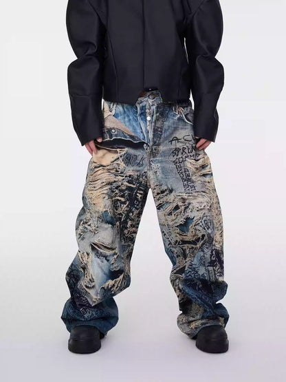 3D Illusion Full-Print Oversized Loose Fit Denim Pants [ID:0557PA]