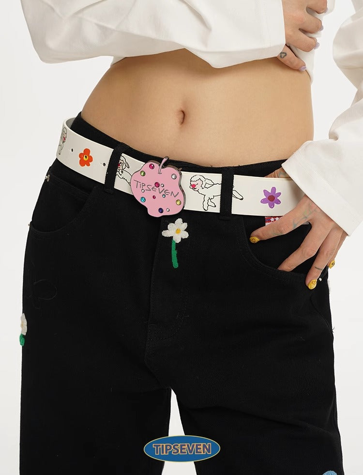 Hand Drawn Cartoon Apple Buckle Leather Belt
 [ID:0561BE]