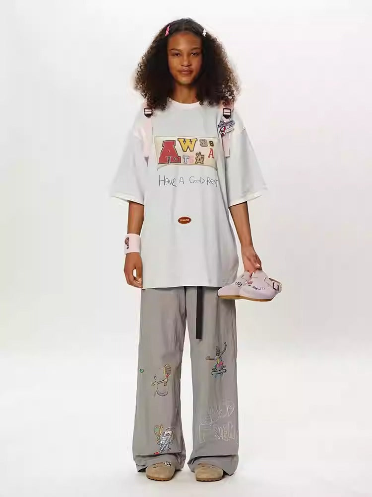 Olympic Style Graffiti Elastic Waist Casual Pants
 [ID:0562PA]