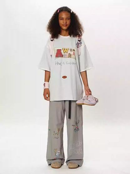 Olympic Style Graffiti Elastic Waist Casual Pants
 [ID:0562PA]