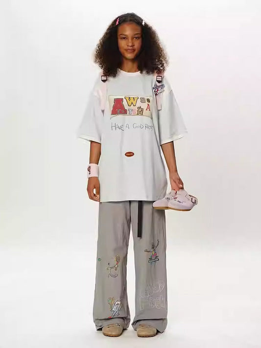 Olympic Style Graffiti Elastic Waist Casual Pants [ID:0562PA]