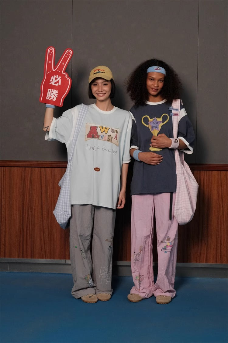 Olympic Style Graffiti Elastic Waist Casual Pants
 [ID:0562PA]