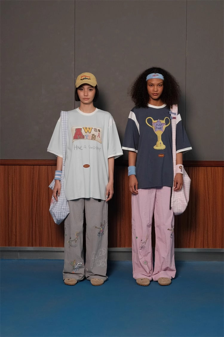 Olympic Style Graffiti Elastic Waist Casual Pants
 [ID:0562PA]