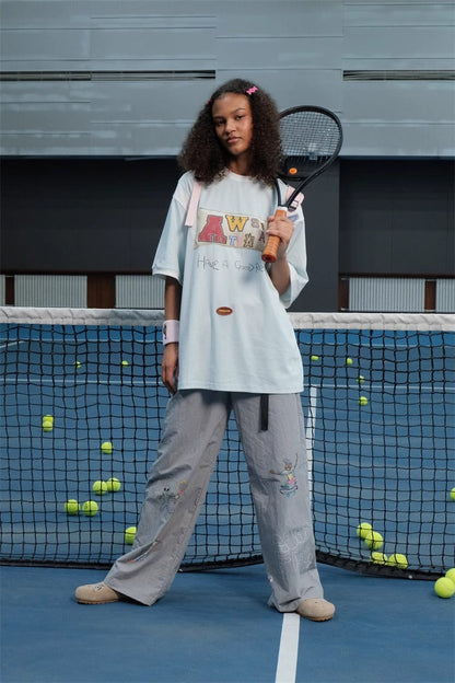 Olympic Style Graffiti Elastic Waist Casual Pants
 [ID:0562PA]