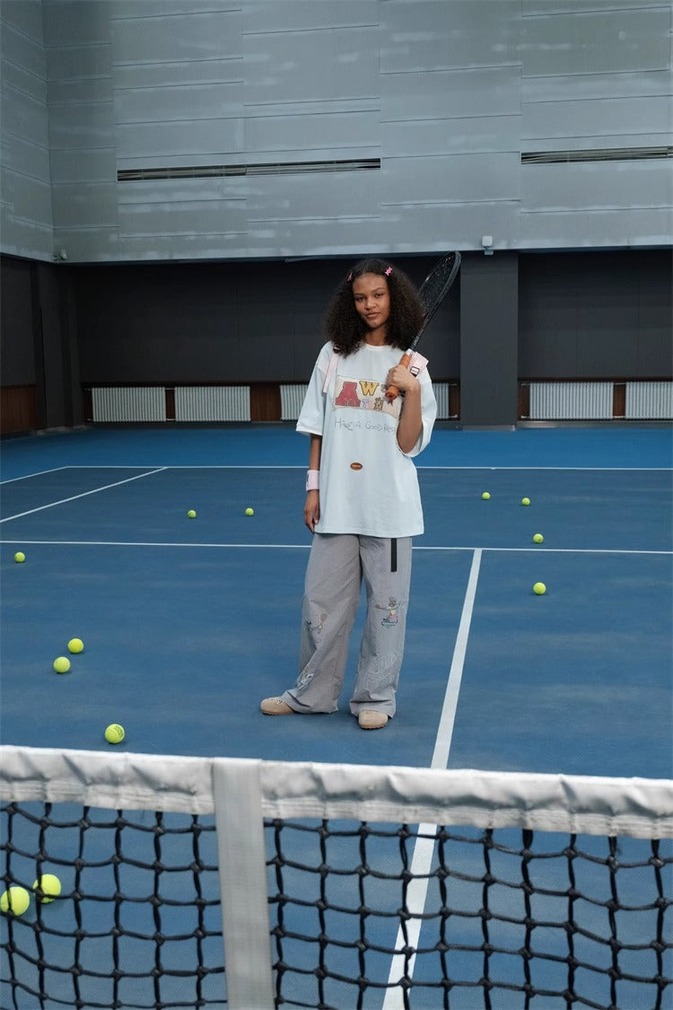 Olympic Style Graffiti Elastic Waist Casual Pants
 [ID:0562PA]