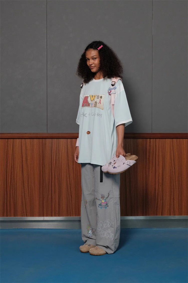 Olympic Style Graffiti Elastic Waist Casual Pants
 [ID:0562PA]